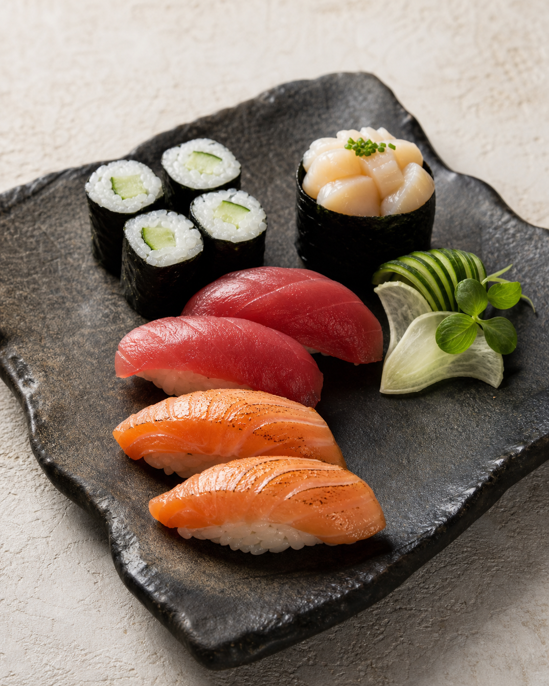 Assorted tuna and salmon nigiri, cucumber maki, and scallop gunkan