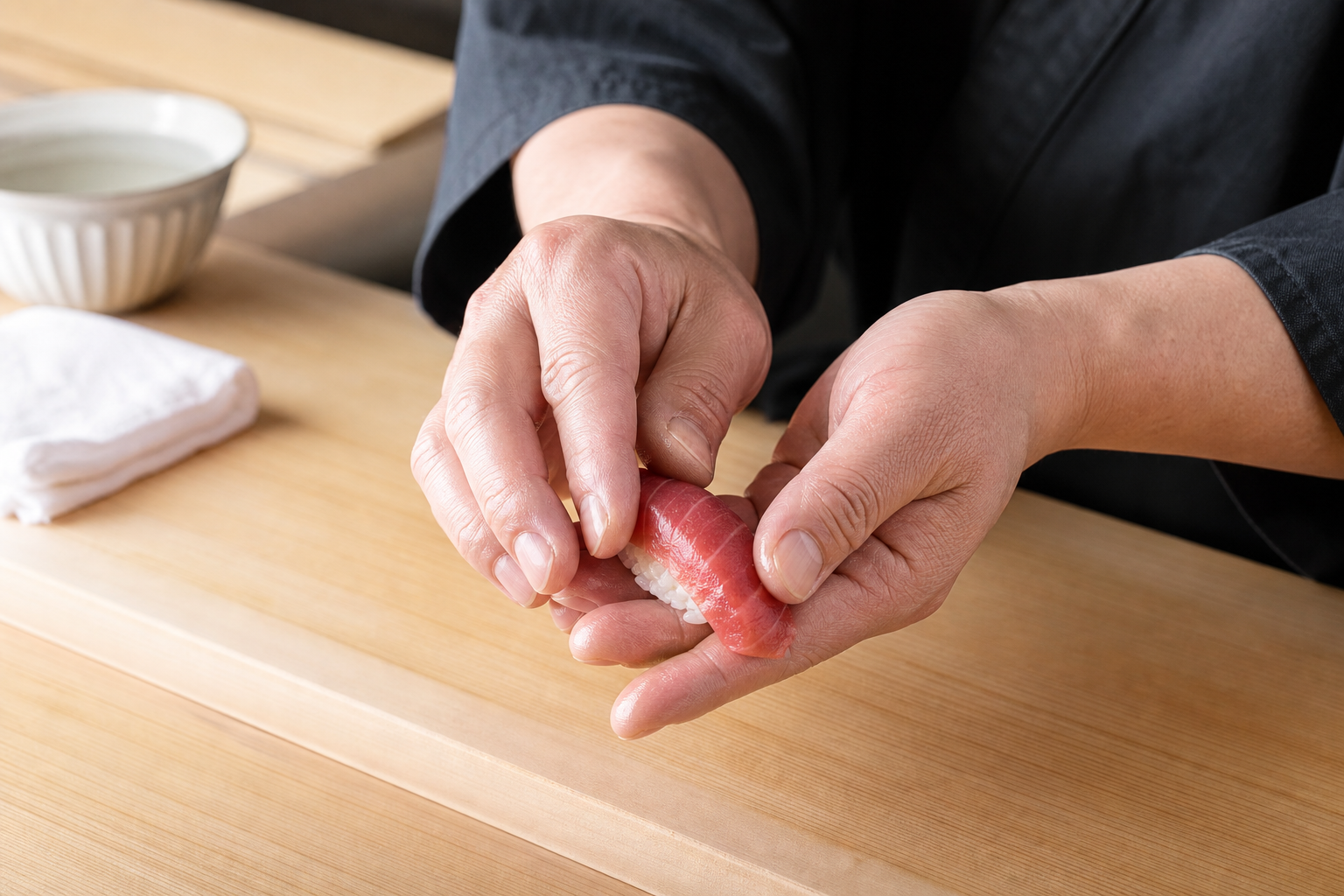 Chef shaping tuna nigiri by hand