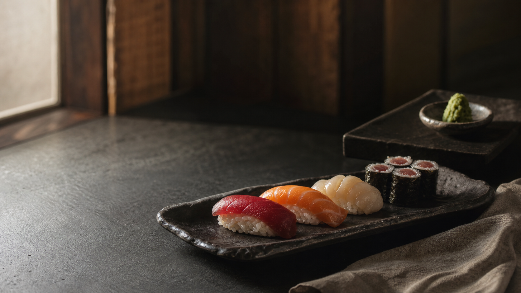 Tuna, salmon, and scallop nigiri on a handmade ceramic platter