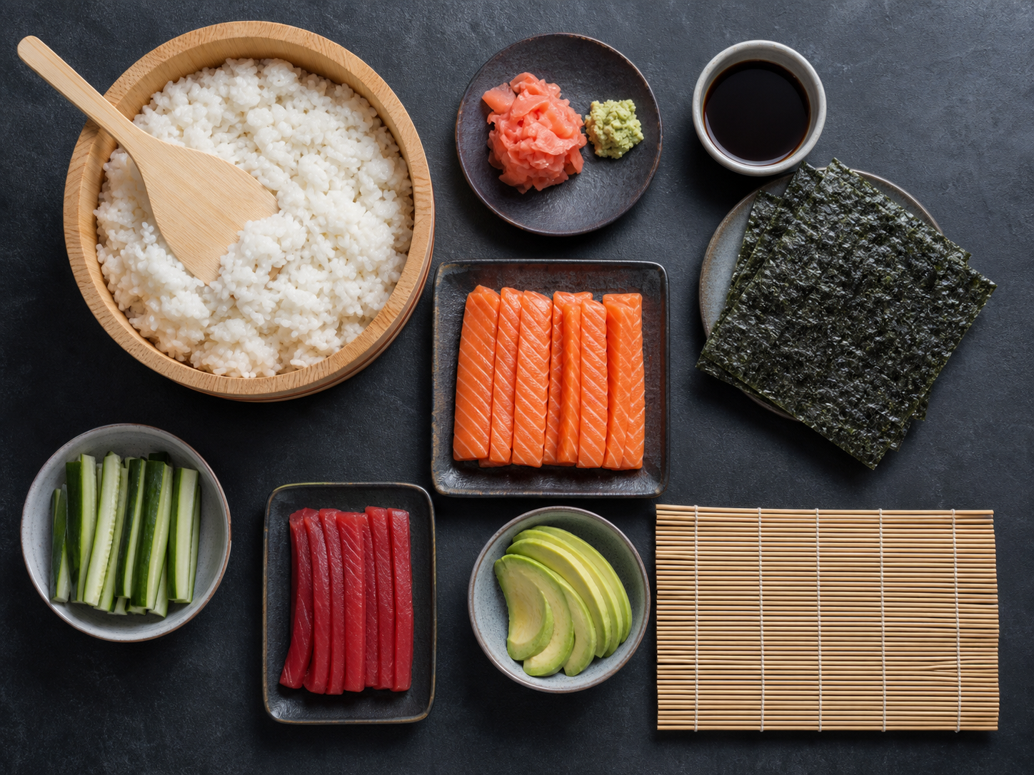Sushi rice, nori, fish, vegetables, and tools arranged for preparation